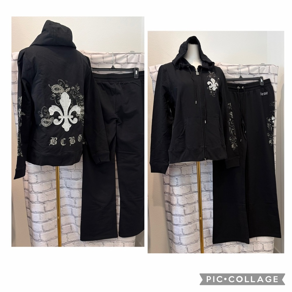BCBG Maxazria :XL Women's Black Hoodie/Pants Set Stud Embellishment Embroidered